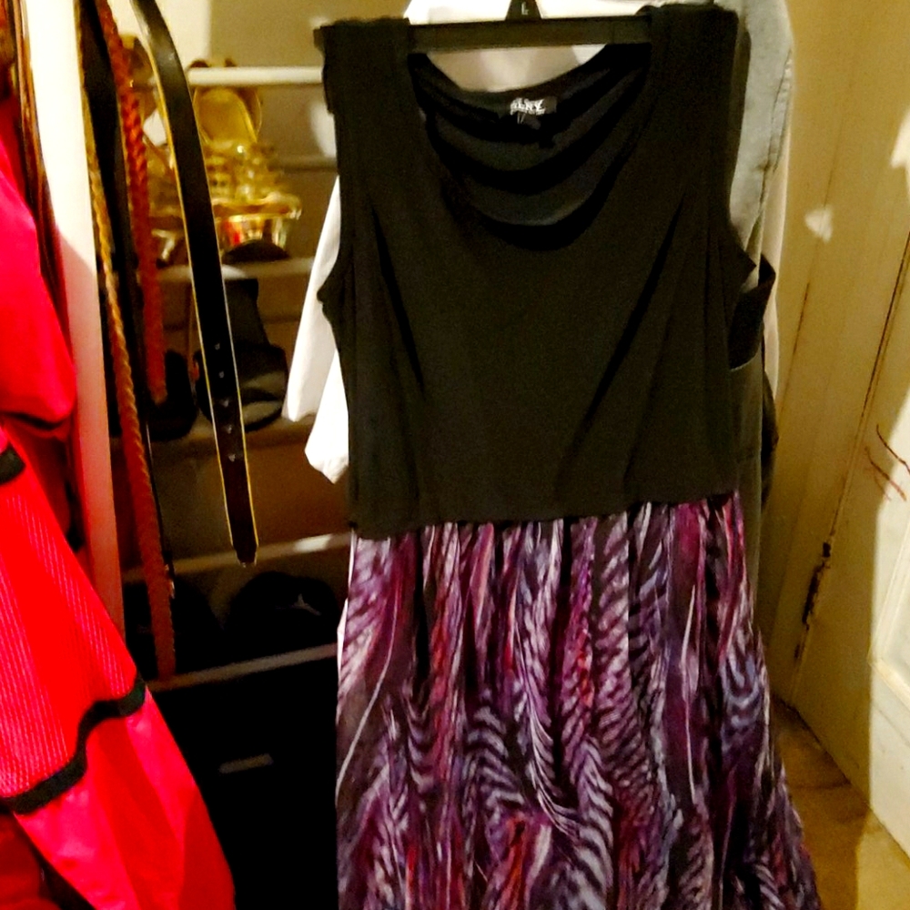 Black and purple mixed pattern maxi dress.